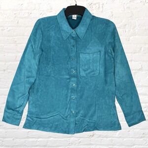 Hillard Hanson Velvet Button Up Top Blouse Size M Blue Teal Lux Goth Career NWT